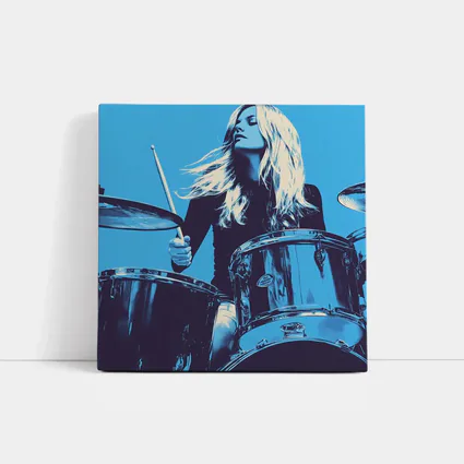 Blonde Woman Playing Drums Blue Pop Art