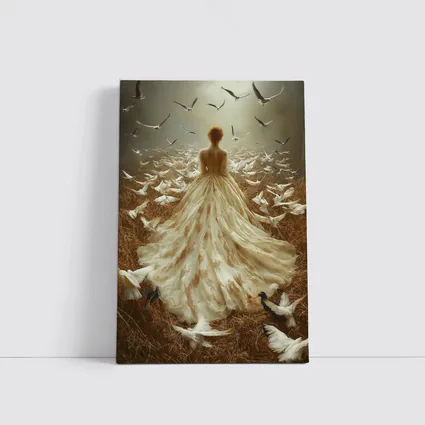 Woman White Gown Birds Flying Field