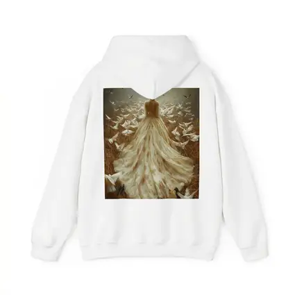 Woman White Gown Birds Flying Field