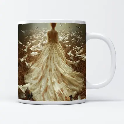 Woman White Gown Birds Flying Field
