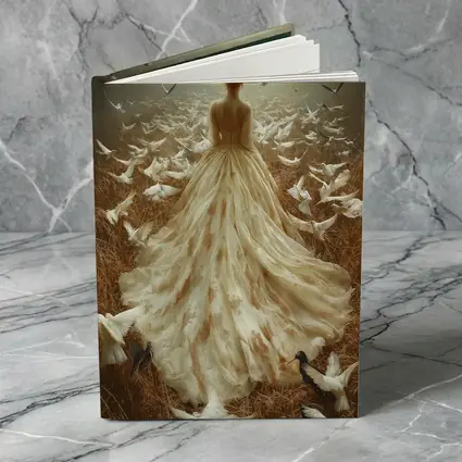 Woman White Gown Birds Flying Field