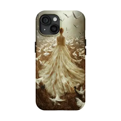 Woman White Gown Birds Flying Field