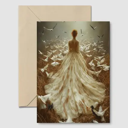 Woman White Gown Birds Flying Field