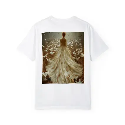 Woman White Gown Birds Flying Field