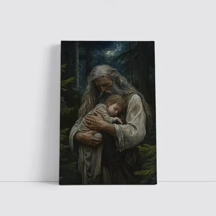 Old Man Holding Child Starry Forest Night