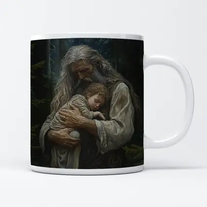 Old Man Holding Child Starry Forest Night