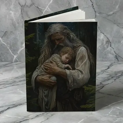 Old Man Holding Child Starry Forest Night