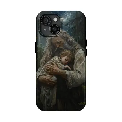 Old Man Holding Child Starry Forest Night
