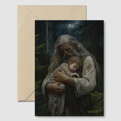 Old Man Holding Child Starry Forest Night