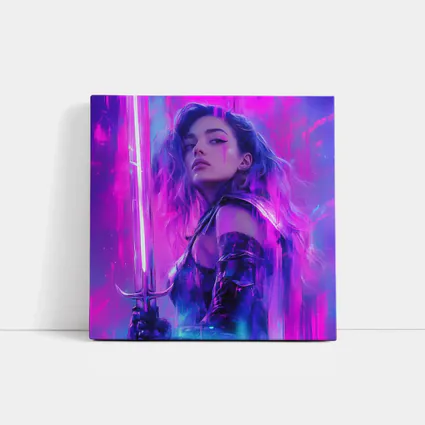 Neon Warrior Woman Sword Purple Background
