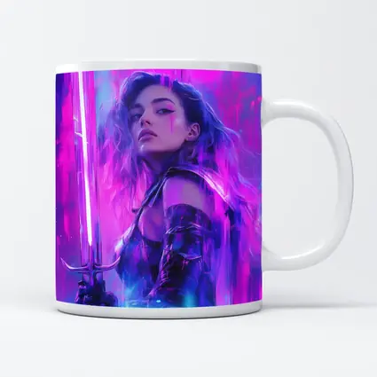 Neon Warrior Woman Sword Purple Background