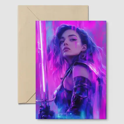 Neon Warrior Woman Sword Purple Background
