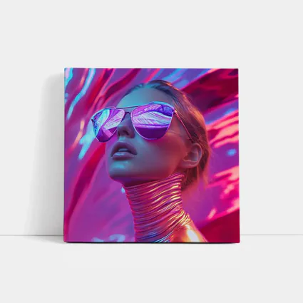 Futuristic Woman Mirrored Sunglasses Neon Pink Background