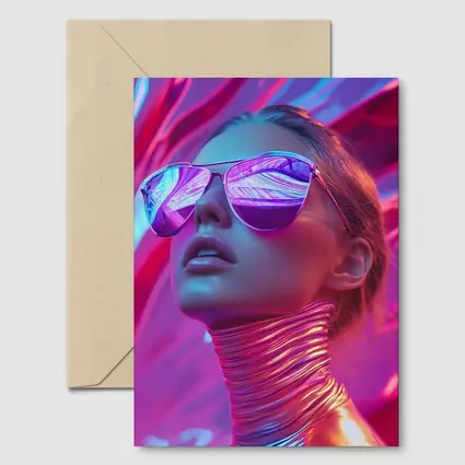 Futuristic Woman Mirrored Sunglasses Neon Pink Background