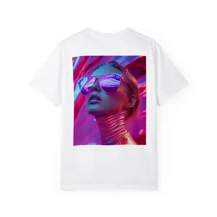 Futuristic Woman Mirrored Sunglasses Neon Pink Background
