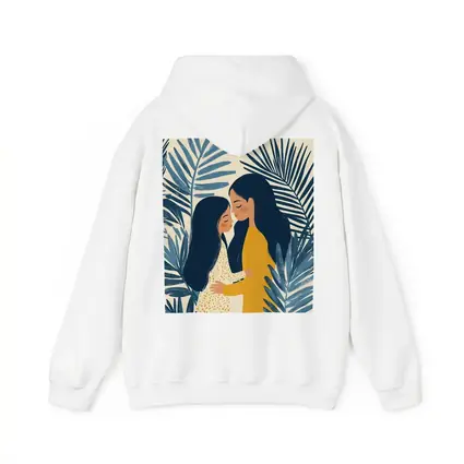 Mother Daughter Embrace Tropical Palm Leaves Illustration
