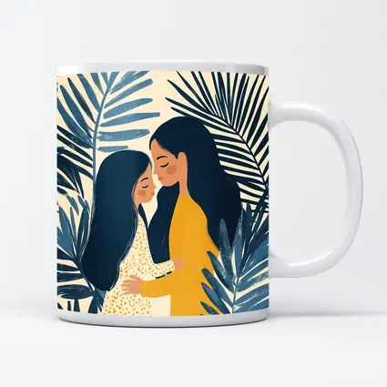 Mother Daughter Embrace Tropical Palm Leaves Illustration