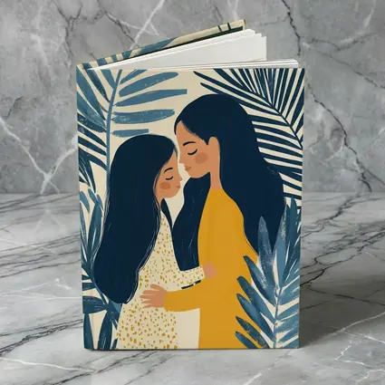 Mother Daughter Embrace Tropical Palm Leaves Illustration