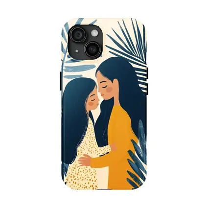 Mother Daughter Embrace Tropical Palm Leaves Illustration
