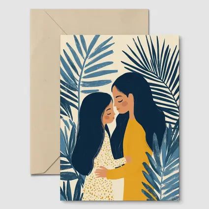 Mother Daughter Embrace Tropical Palm Leaves Illustration