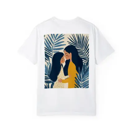 Mother Daughter Embrace Tropical Palm Leaves Illustration
