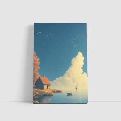 Autumn Lakeside Cottage Sailboat Blue Sky