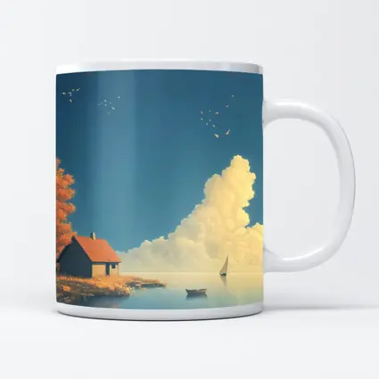Autumn Lakeside Cottage Sailboat Blue Sky