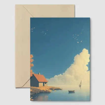 Autumn Lakeside Cottage Sailboat Blue Sky