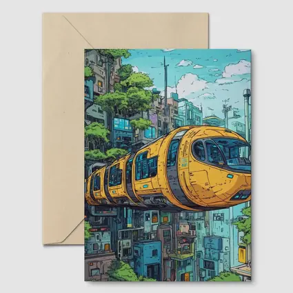 Anime Futuristic Yellow Train Flying City