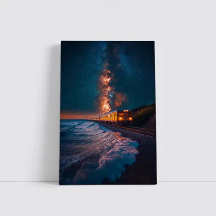 Train Riding Coastal Cliffs Under Milky Way
