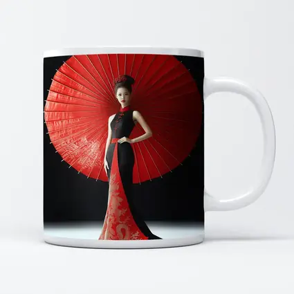 Chinese Woman Red Umbrella Dragon Dress
