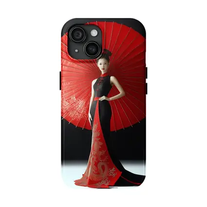 Chinese Woman Red Umbrella Dragon Dress