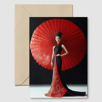 Chinese Woman Red Umbrella Dragon Dress