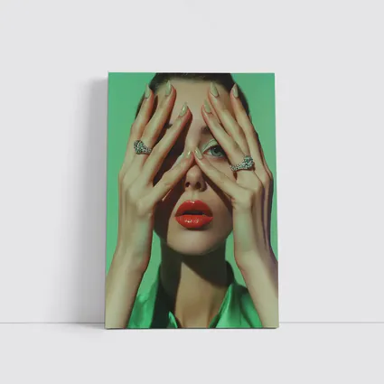 Woman Red Lips Green Nails Diamond Rings
