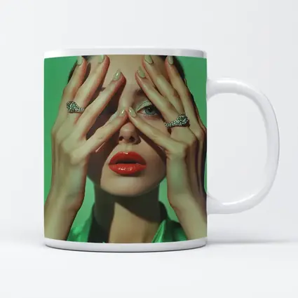 Woman Red Lips Green Nails Diamond Rings