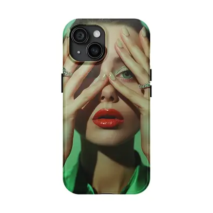 Woman Red Lips Green Nails Diamond Rings