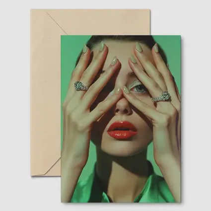 Woman Red Lips Green Nails Diamond Rings