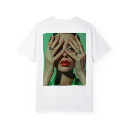 Woman Red Lips Green Nails Diamond Rings