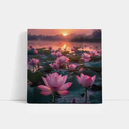 Pink Lotus Flowers Blooming At Sunset Lake