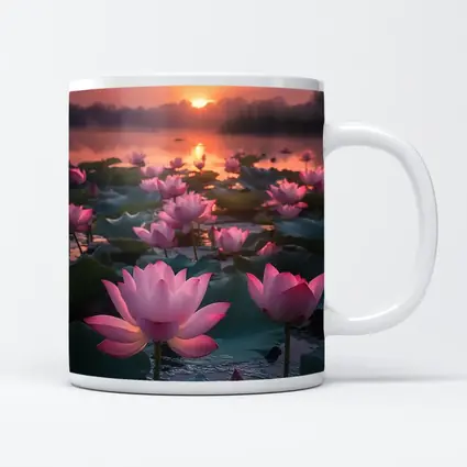 Pink Lotus Flowers Blooming At Sunset Lake
