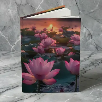 Pink Lotus Flowers Blooming At Sunset Lake