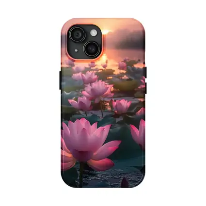 Pink Lotus Flowers Blooming At Sunset Lake