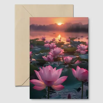 Pink Lotus Flowers Blooming At Sunset Lake