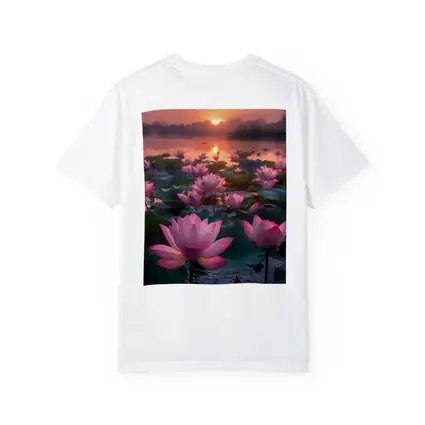 Pink Lotus Flowers Blooming At Sunset Lake