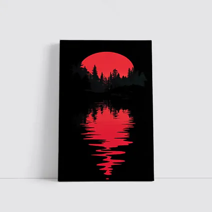 Red Moon Forest Dark Lake Reflection