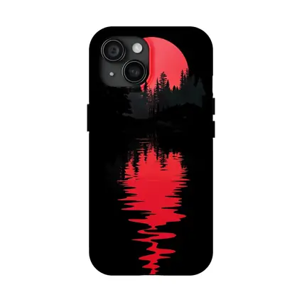 Red Moon Forest Dark Lake Reflection