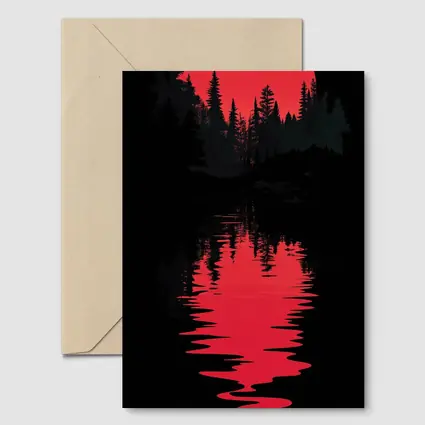Red Moon Forest Dark Lake Reflection