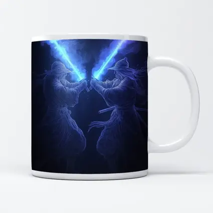 Two Jedi Warriors Blue Lightsaber Duel Dark