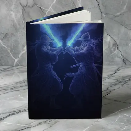 Two Jedi Warriors Blue Lightsaber Duel Dark