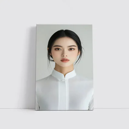 Young Asian Woman White Minimalist Background Portrait